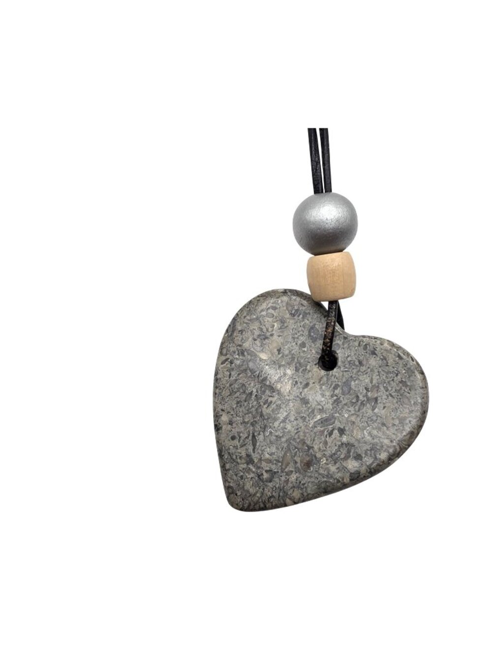 Heart Pendant Necklace Adjustable Black Cord & Wooden Beads Love Romantic Boho
